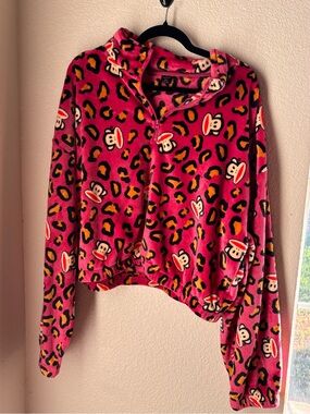 Paul Frank Hot  Pink Monkey Print velour Fleece Pullover juniors